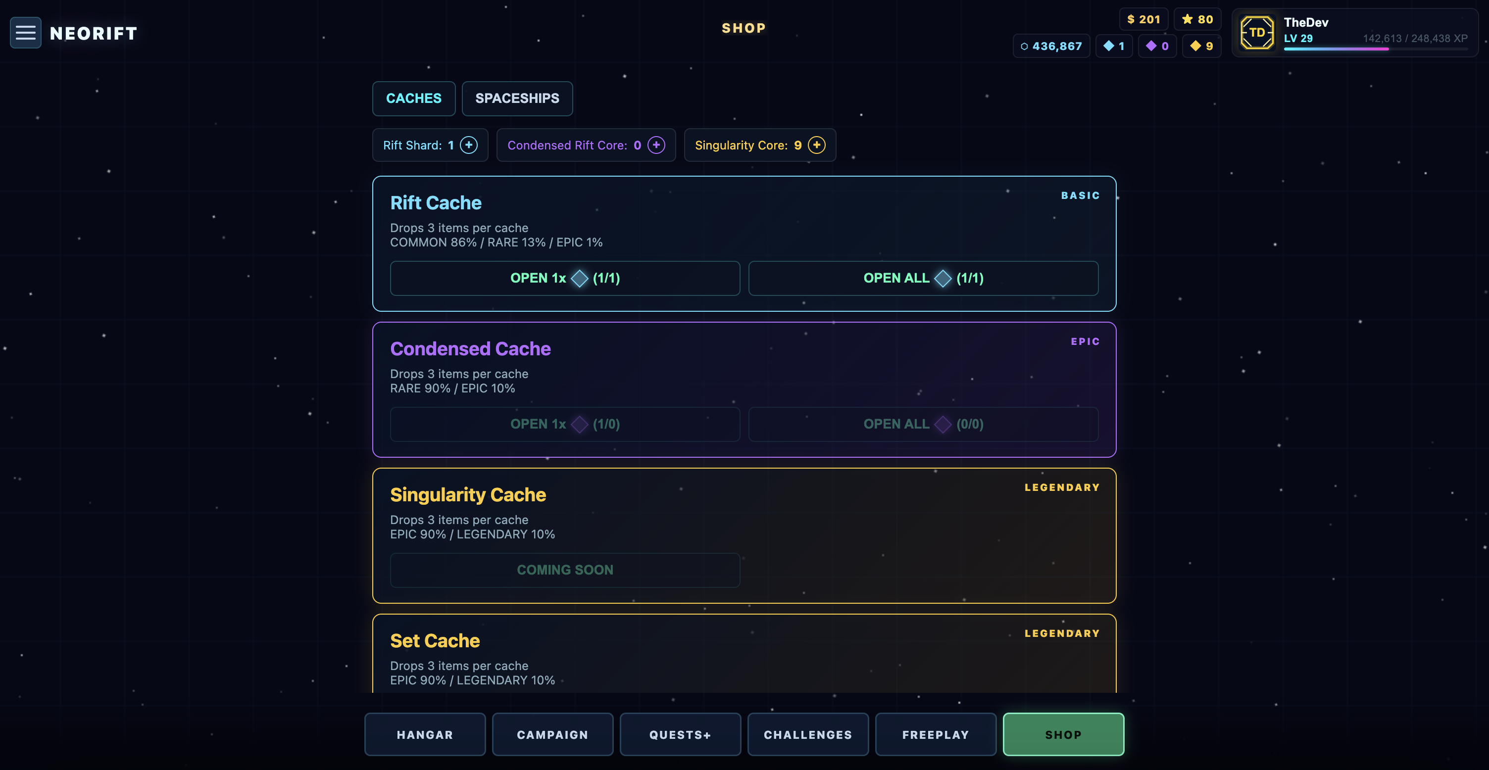 Neorift shop page with Rift Cache, Condensed Cache, Singularity Cache, and cache resource counters